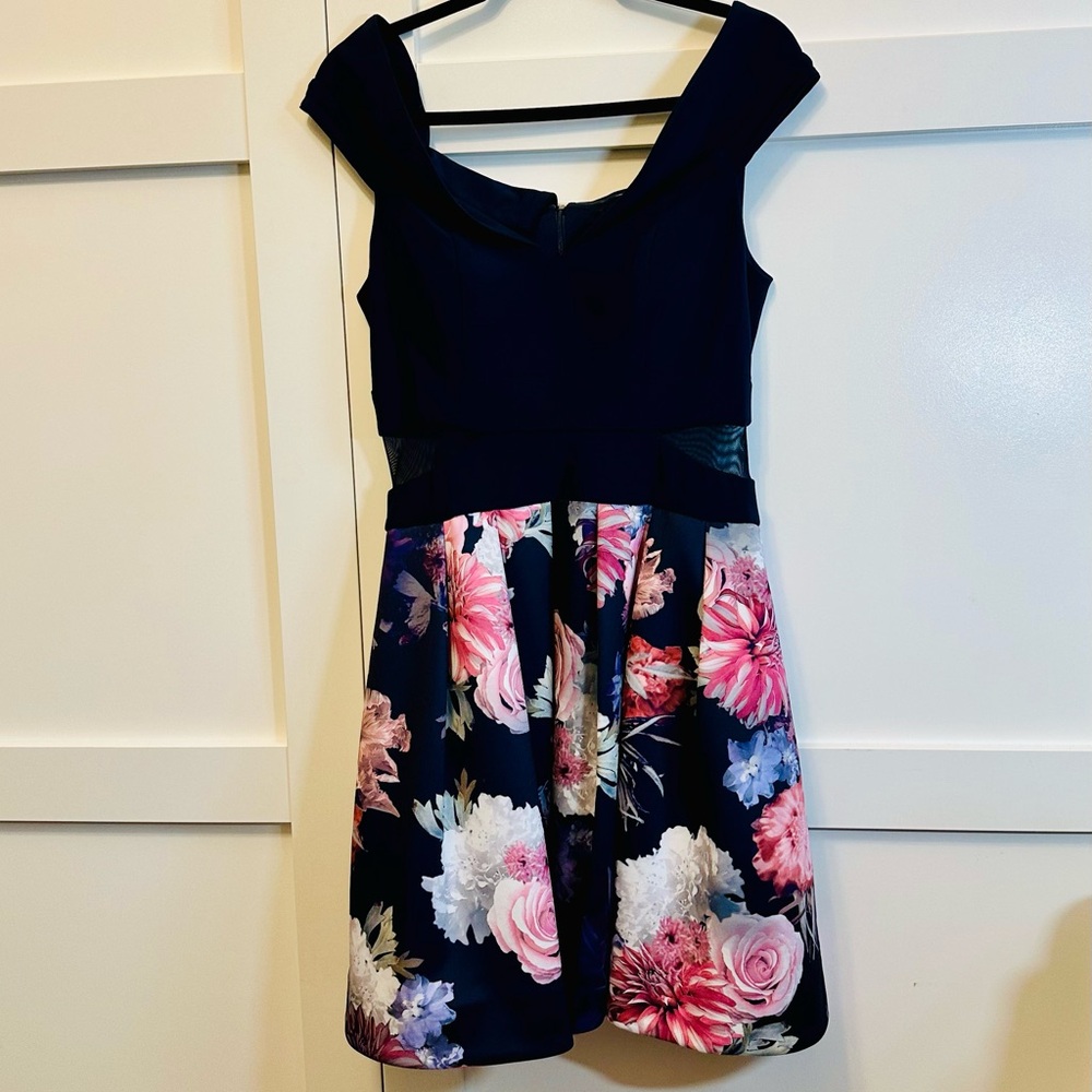 BA NITES Dress Navy Pink Floral Off Shoulder Crinoline Skirt Padded Bodice Sz 12